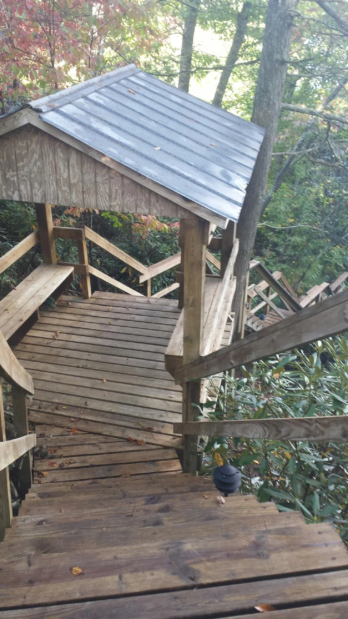 Metal roofed shelter over wooden steps on a wooded walkway — Skylight Repair & Installation work by our crew in Wadesville